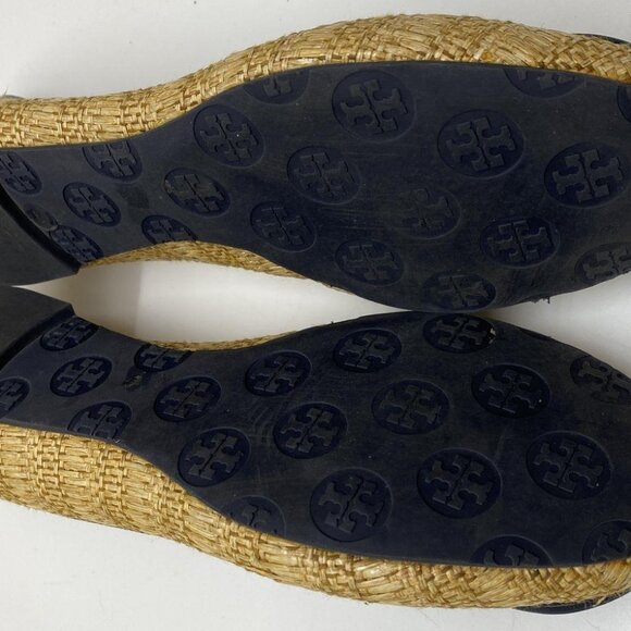 Tory Burch Raffia Ballet Flats – Navy Trim & Gold Logo Size 9 - Picture 5 of 6